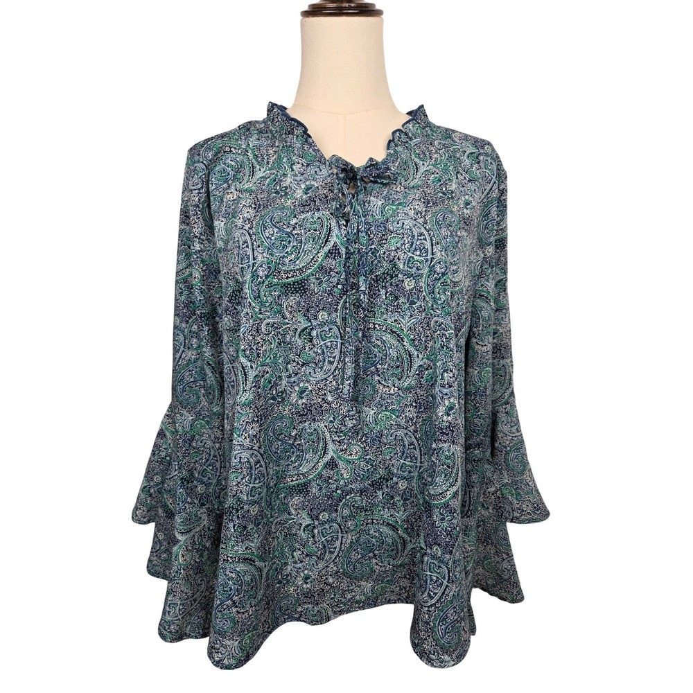 Frye Blouse Size Large Blue Green Paisley Tiered Bell Sleeve Top Victorian Boho
